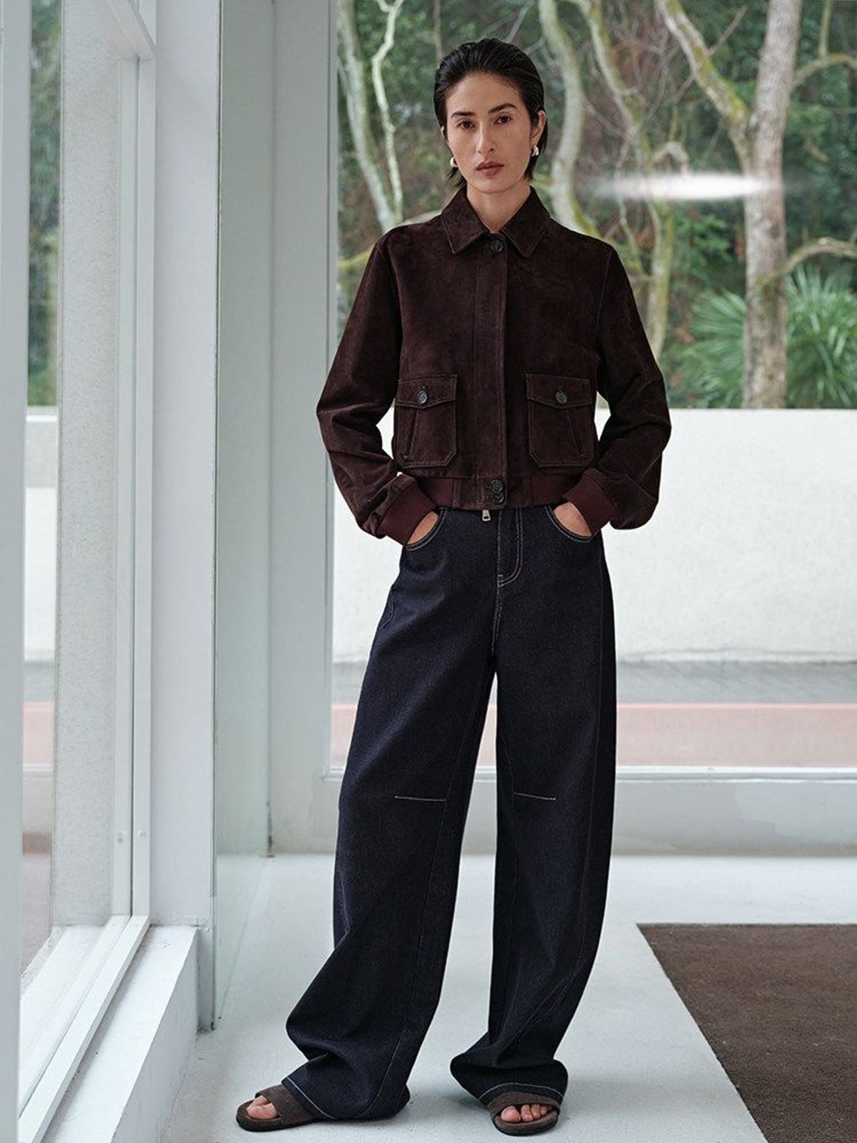 MSBEAST Cropped Suede Leather Jacket in Dark Brown - On Female Model