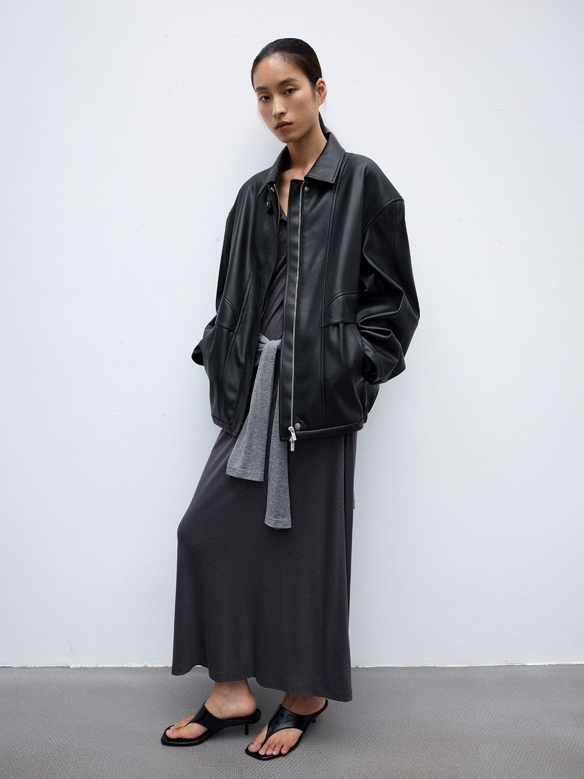 Random Piece Drop Shoulder Matte Faux Leather Jacket in Black - On Female Model