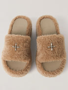 SMFK Cross Hardware Shearling High Heel Mules in Beige