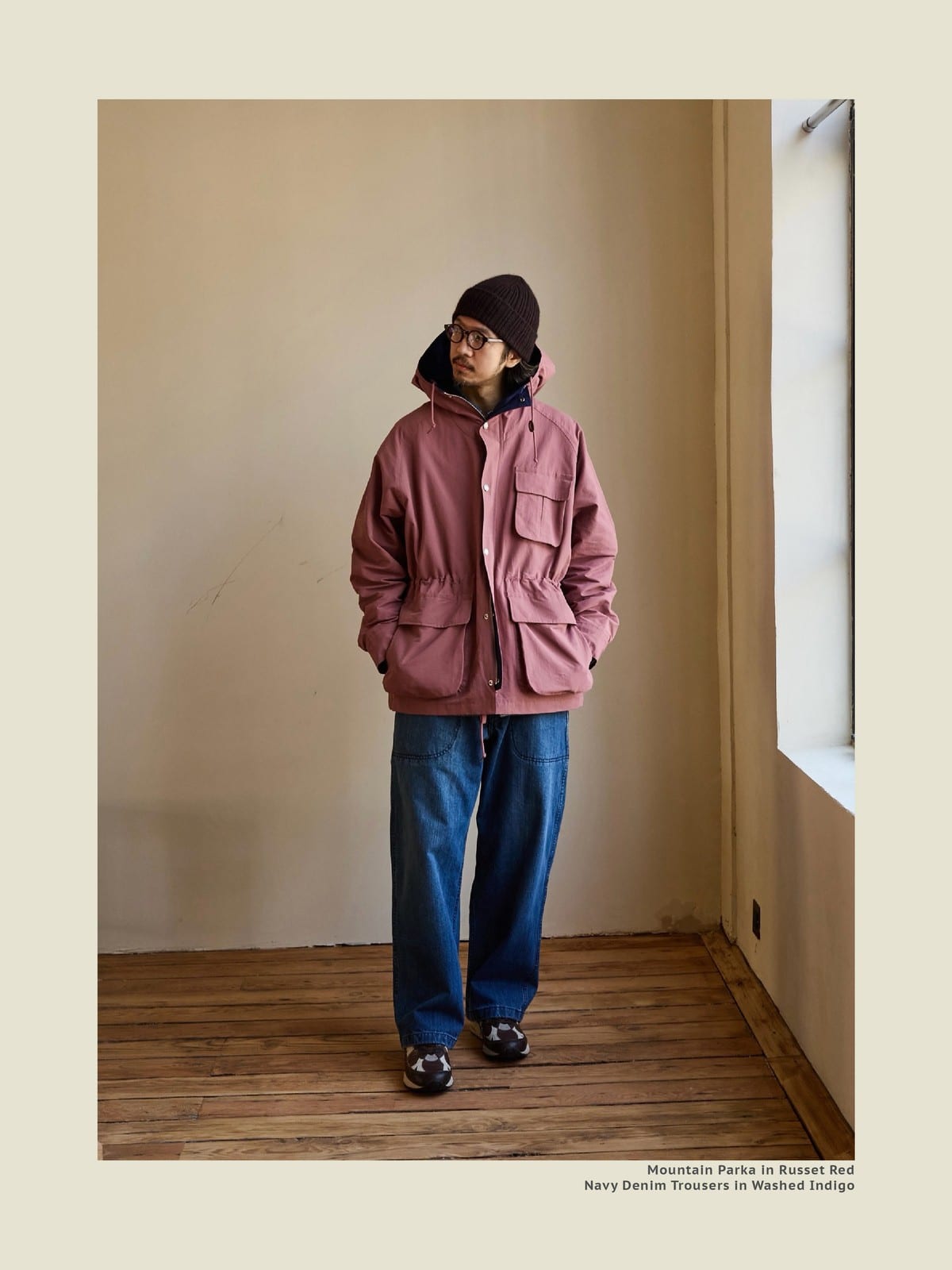 USAGE Cotton Nylon Hooded Mountain Parka in Pink - On Male Model