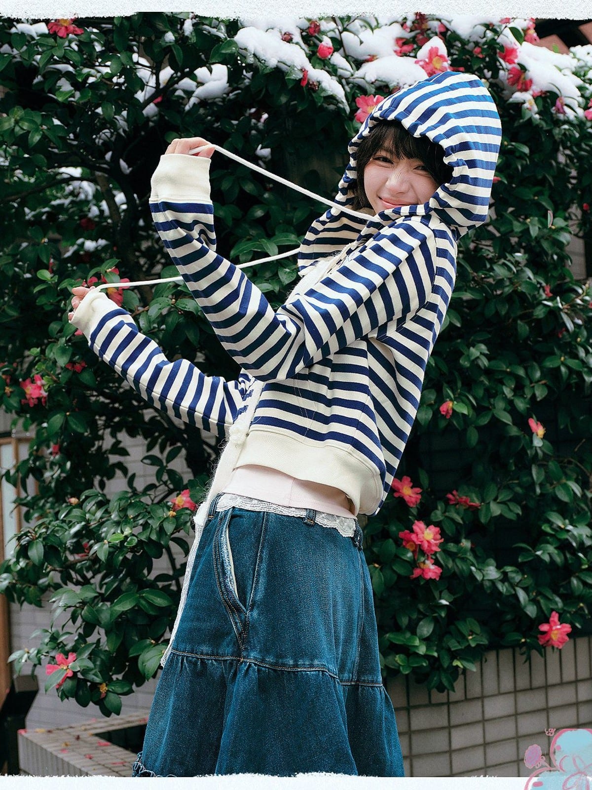MEDM Cropped Striped Applique Zip Hoodie in Navy Blue - On Female Model