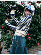 MEDM Cropped Striped Applique Zip Hoodie in Navy Blue - On Female Model