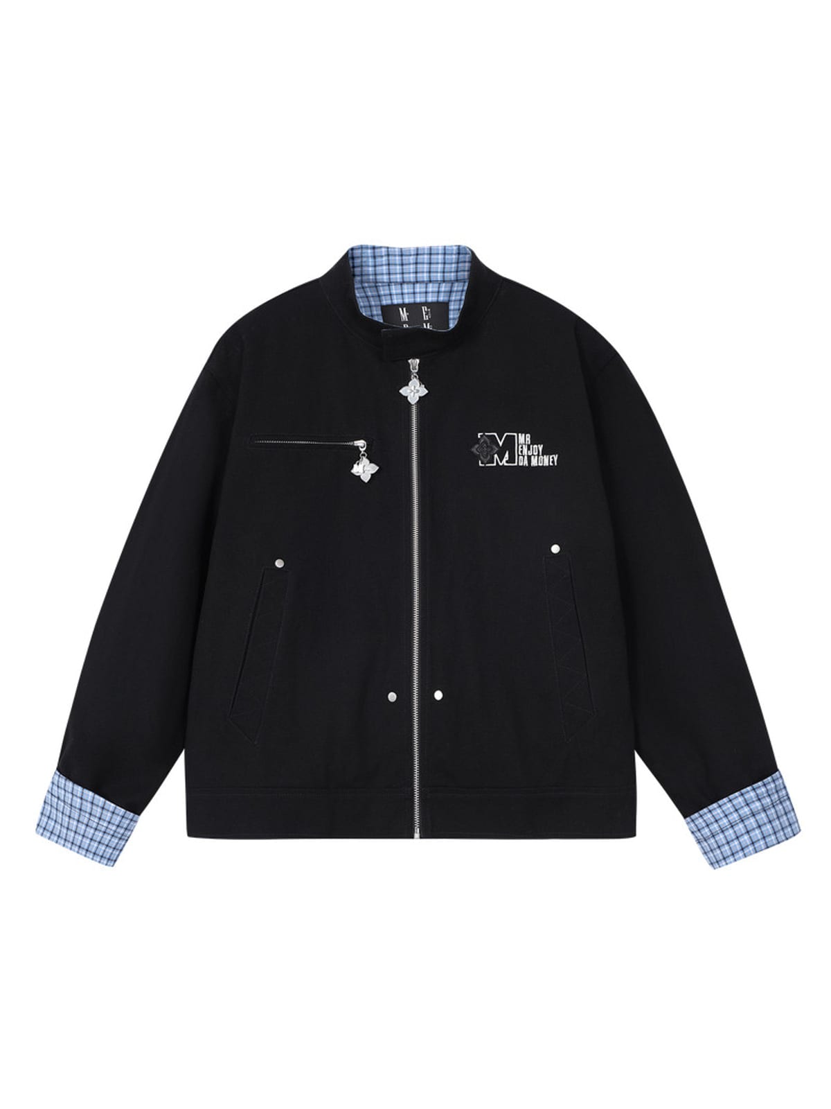 MEDM Plaid Collar Cotton Zip Up Jacket in Black