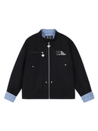 MEDM Plaid Collar Cotton Zip Up Jacket in Black