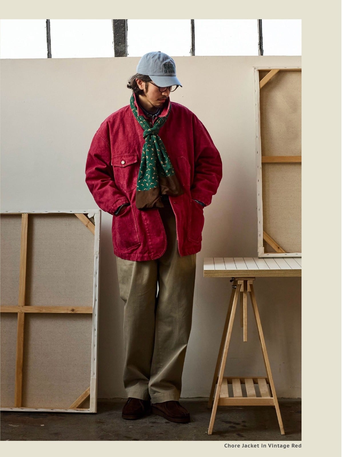 USAGE Washed Heavyweight Cotton Chore Jacket in Red - On Male Model