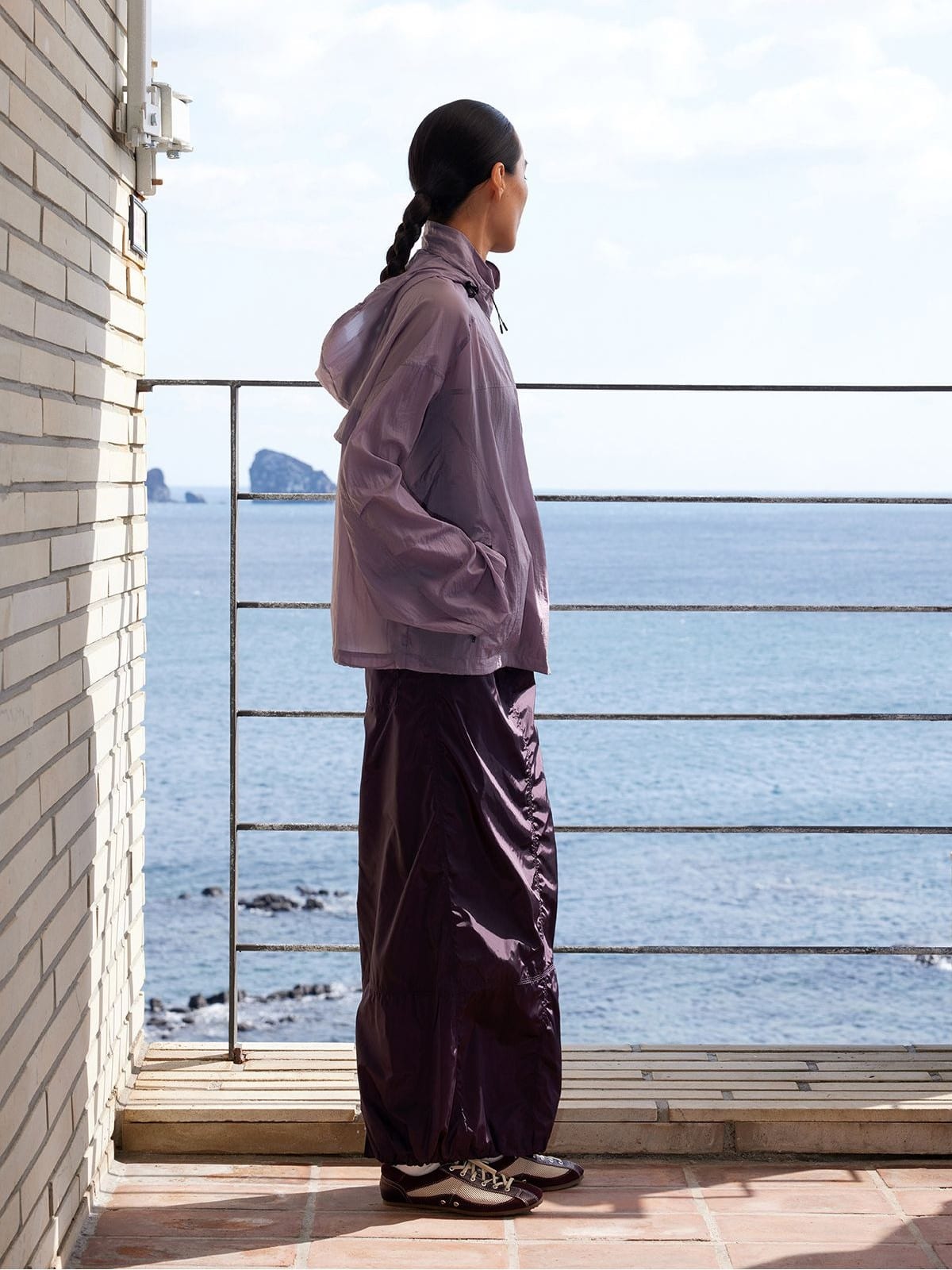 Random Piece Lightweight Cropped Hooded Nylon Jacket in Lavender - On Female Model
