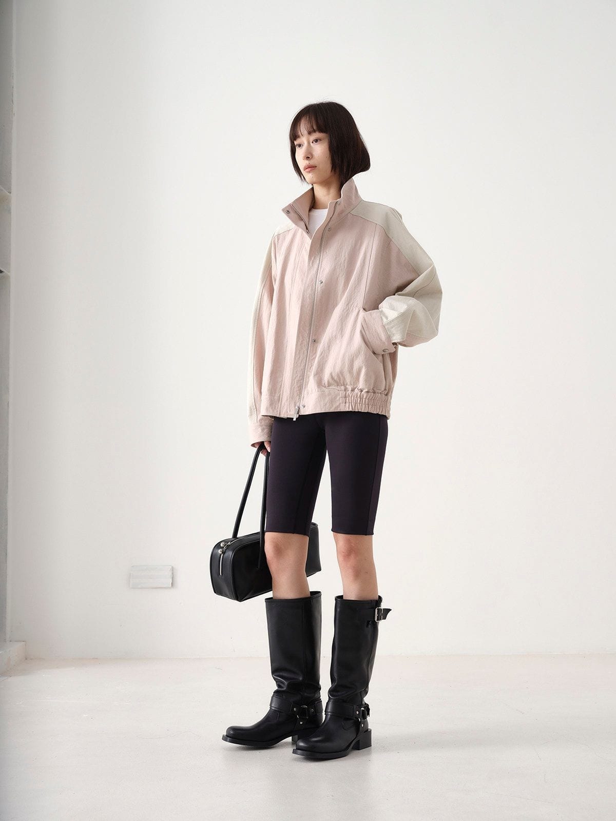 Random Piece Color Block Cotton Blend Cropped Jacket in Pink - On Female Model