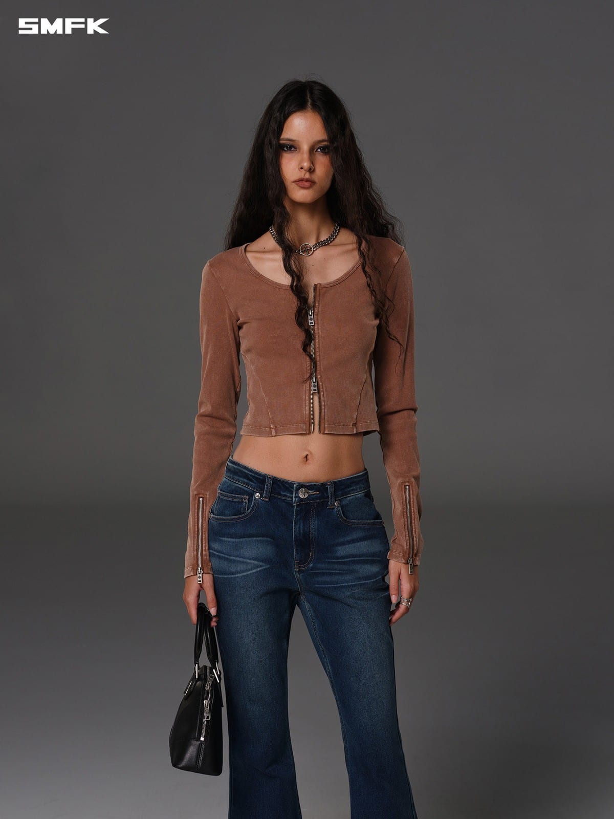SMFK Ribbed Zip Up Cropped Cardigan in Brown - On Female Model