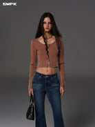 SMFK Ribbed Zip Up Cropped Cardigan in Brown - On Female Model