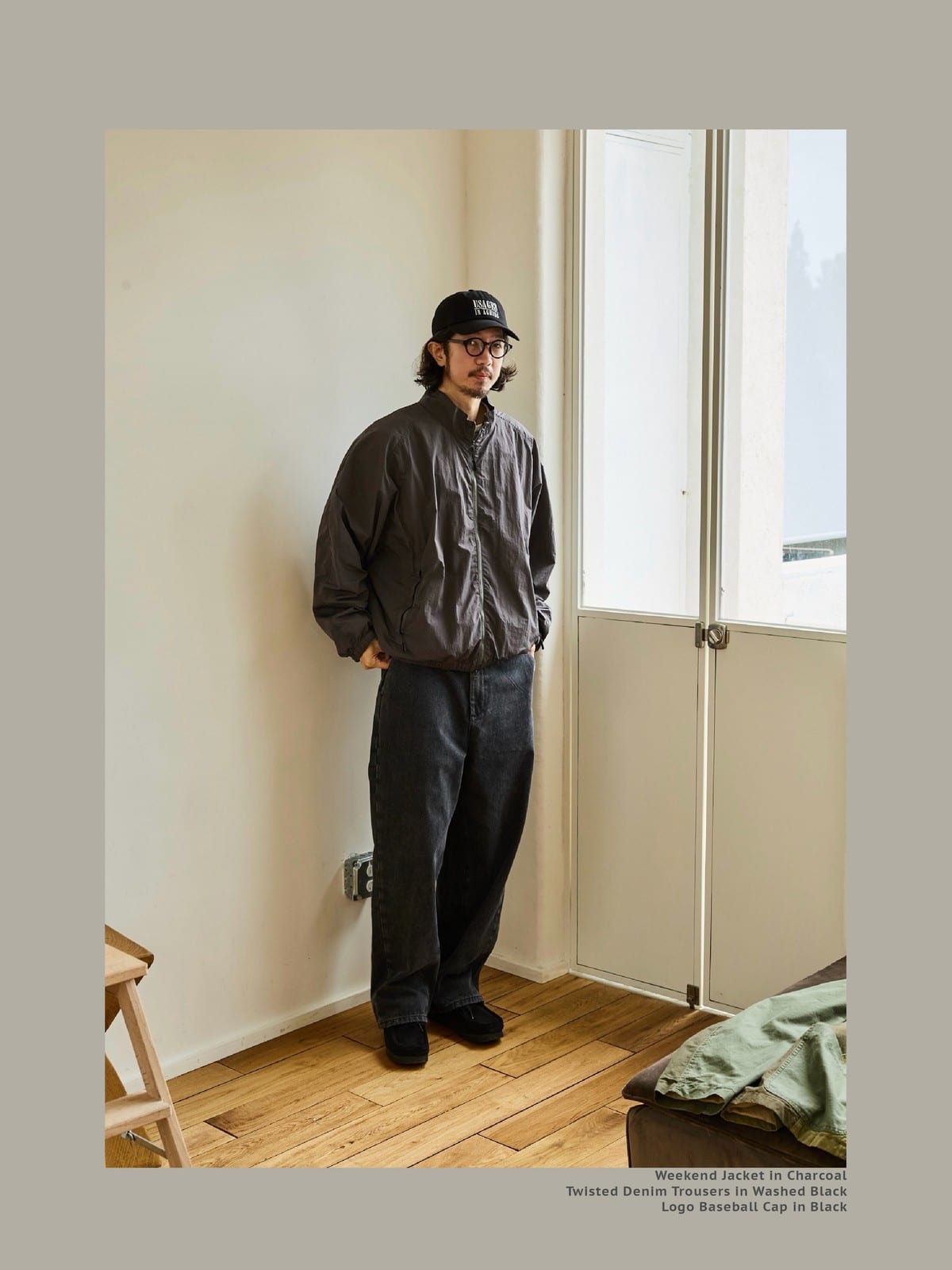 USAGE Lightweight Nylon Zip Up Jacket in Gray - On Male Model