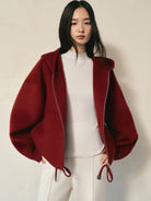 TEASEL Hooded Camel Wool Blend Jacket in Burgundy - On Female Model