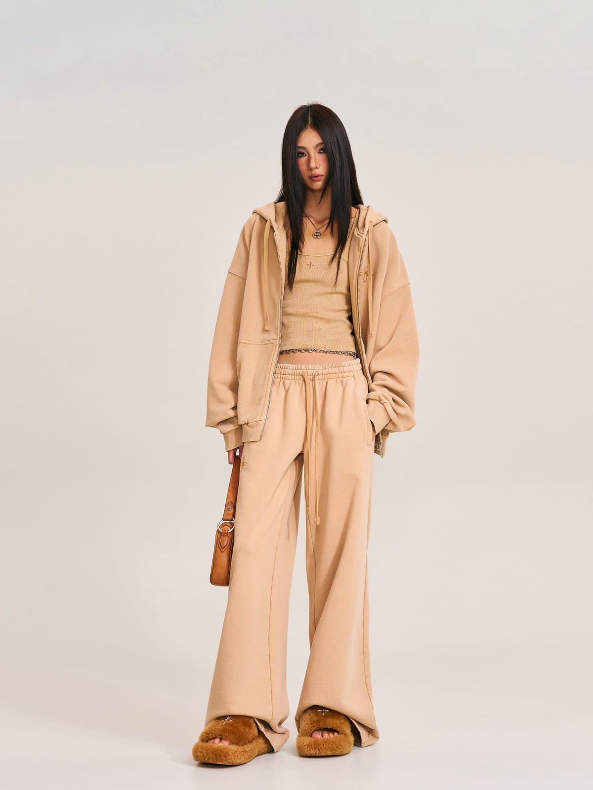 SMFK Cross Embroidered Zip Up Hoodie in Beige - On Female Model