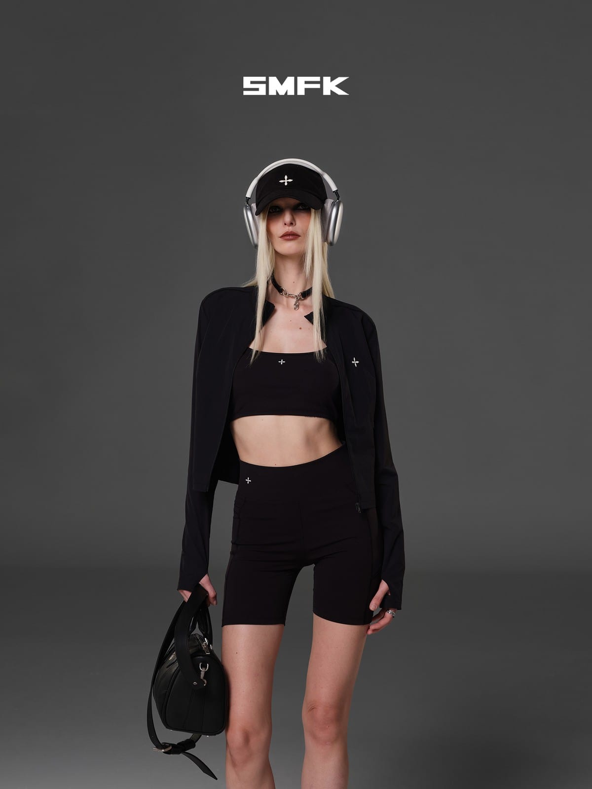 SMFK Cropped Zip Front Nylon Jacket in Black - On Female Model