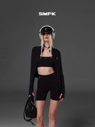 SMFK Cropped Zip Front Nylon Jacket in Black - On Female Model