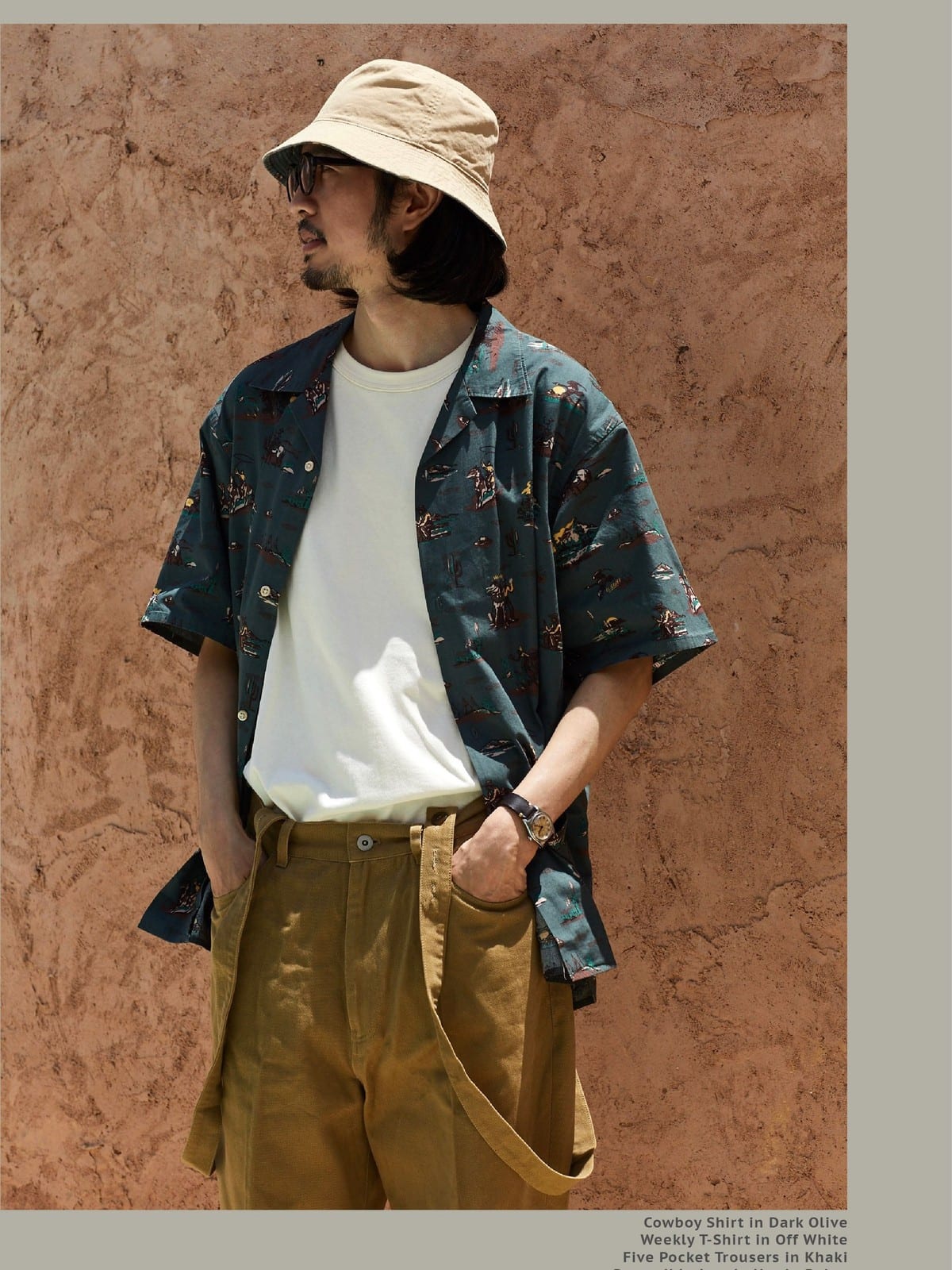 USAGE Cowboy Print Cotton Hawaiian Shirt in Teal - On Male Model