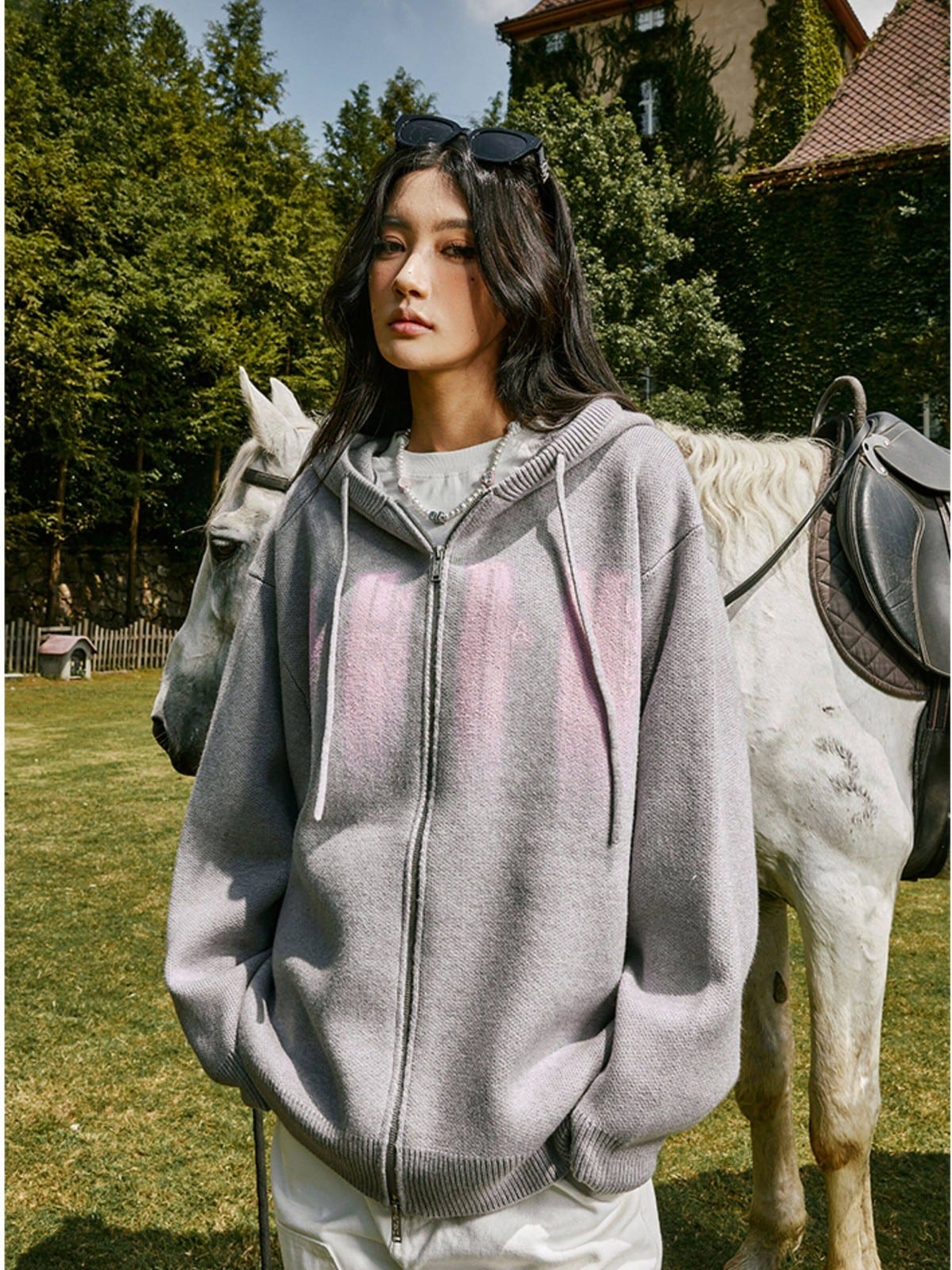 MEDM Zip Up Hooded Knit Cardigan in Gray - On Female Model