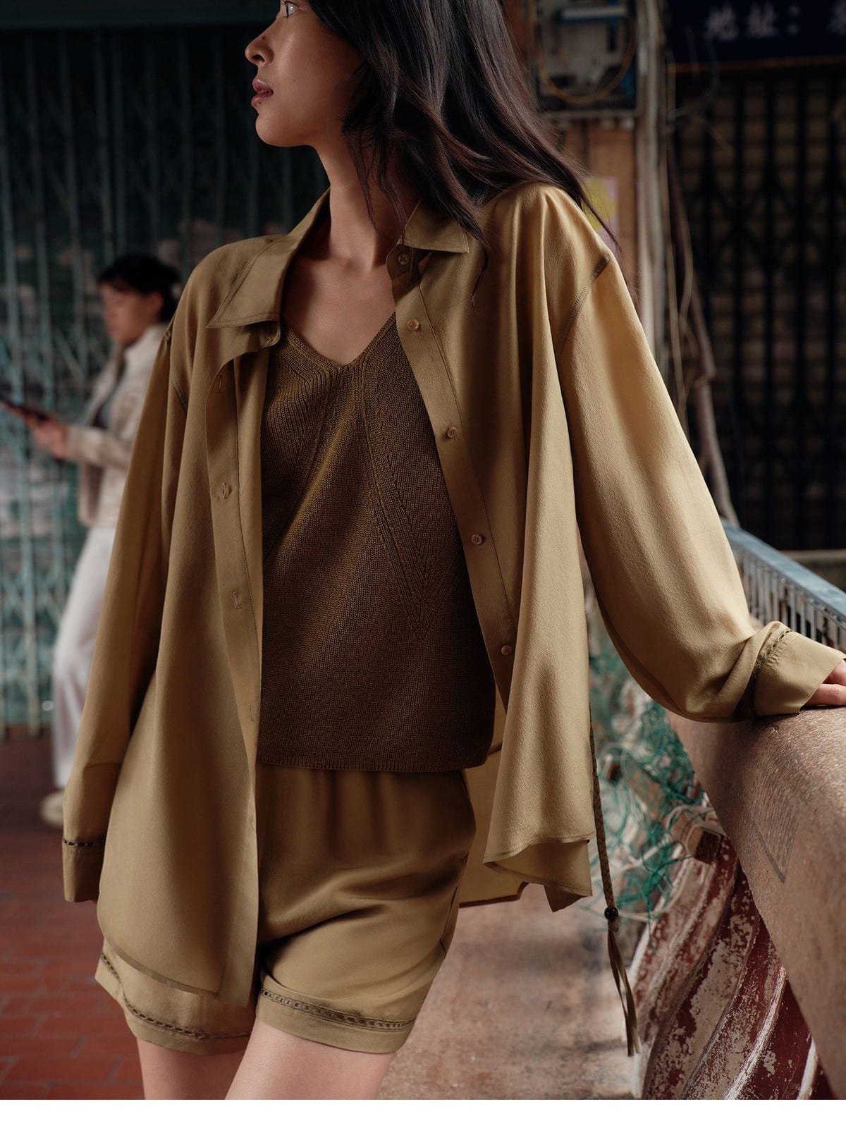 TEASEL Silk Blend Shirt Shorts Set in Olive - On Female Model
