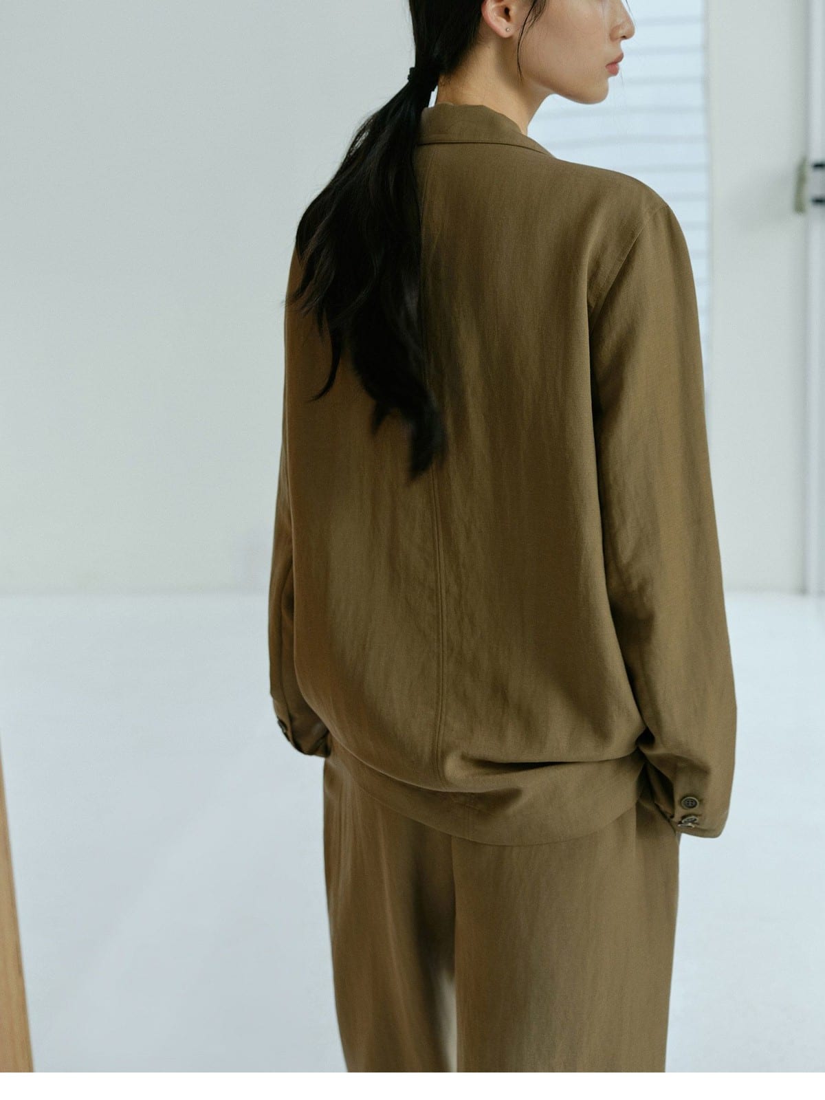 TEASEL Linen Blend Blazer Wide Leg Pants Set in Brown - On Female Model
