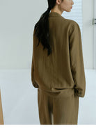 TEASEL Linen Blend Blazer Wide Leg Pants Set in Brown - On Female Model