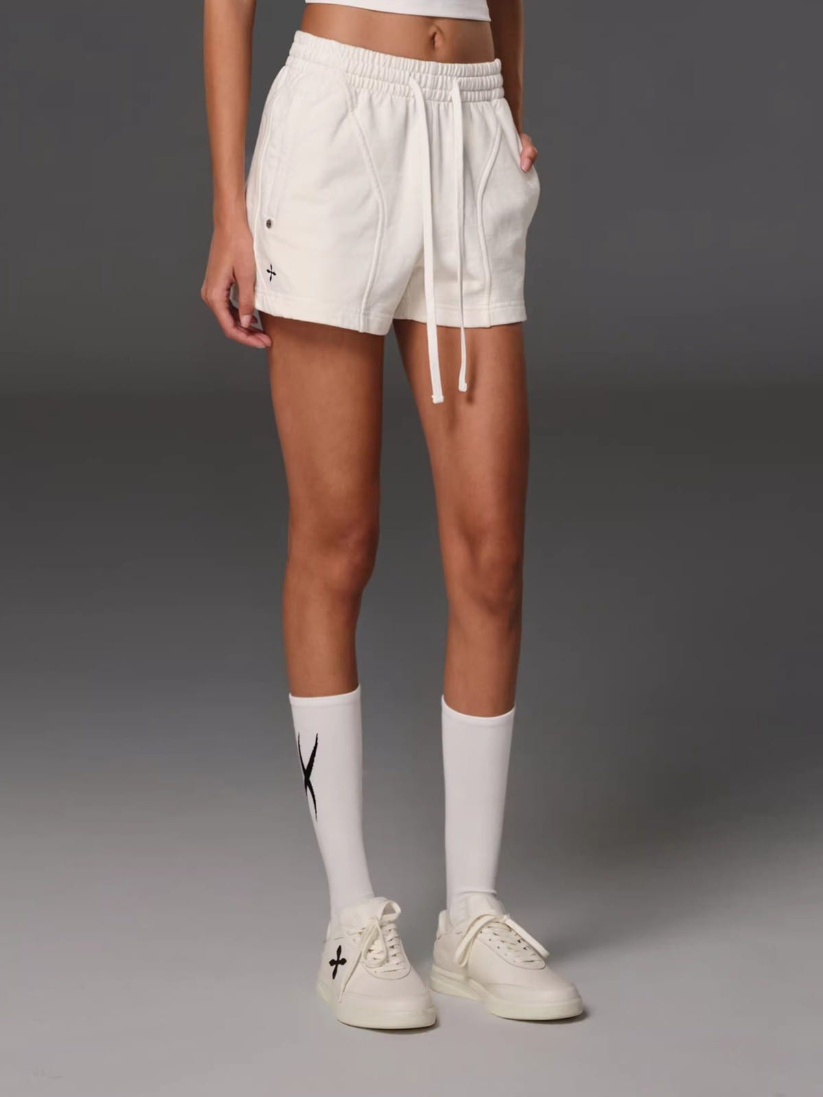 SMFK Cotton Wool Blend Drawstring Shorts in White - On Female Model