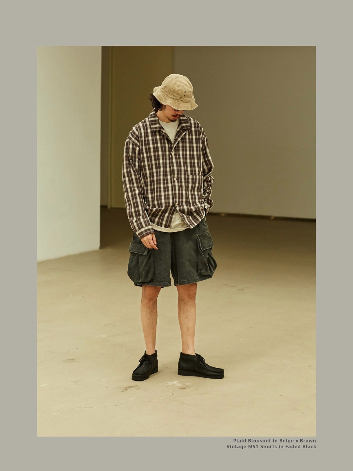 USAGE Gradient Plaid Cotton Blouson in Brown - On Male Model