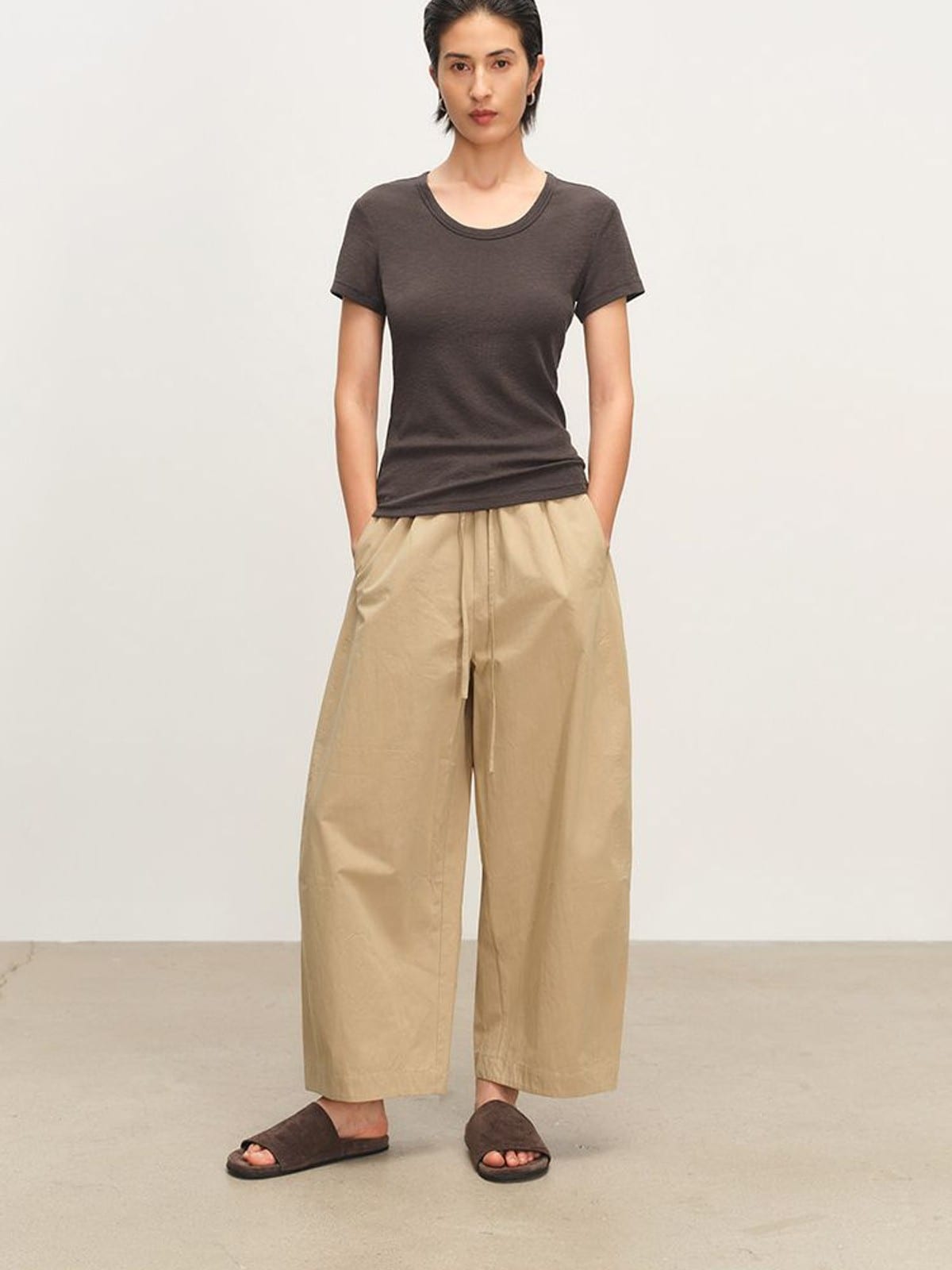 MSBEAST Paper Texture Cotton Balloon Pants in Beige - On Female Model