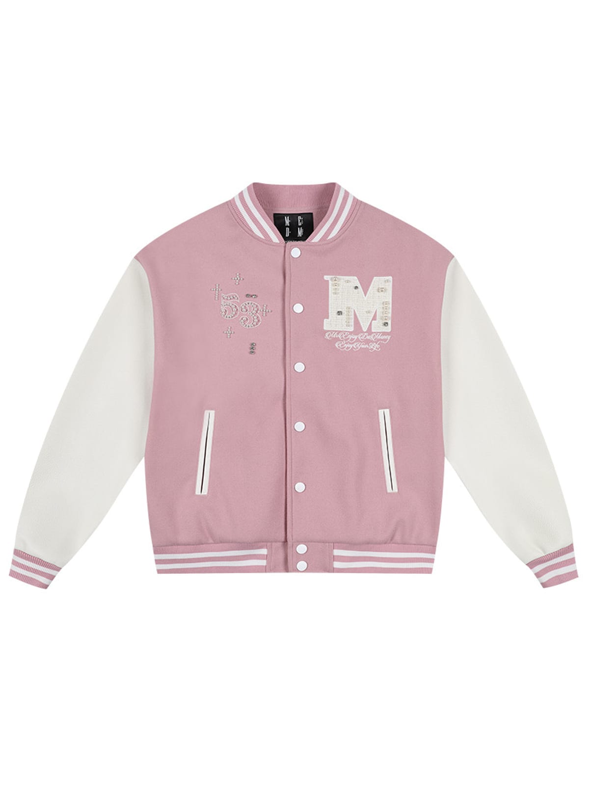 MEDM Pearl Embellished Varsity Jacket in Pink
