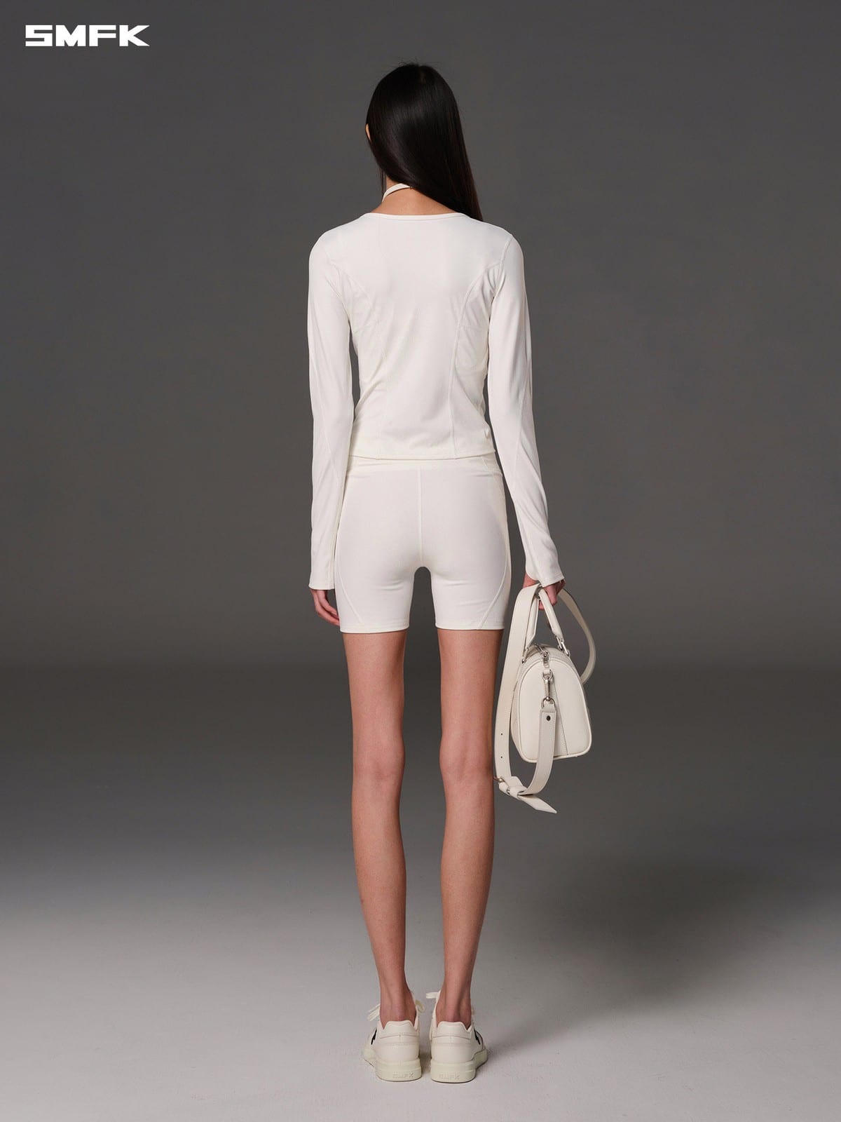 SMFK Scoop Neck Zip Up Sports Jacket in White - On Model