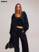 SMFK Garment Dyed Cotton Zip Up Hoodie in Black - On Female Model