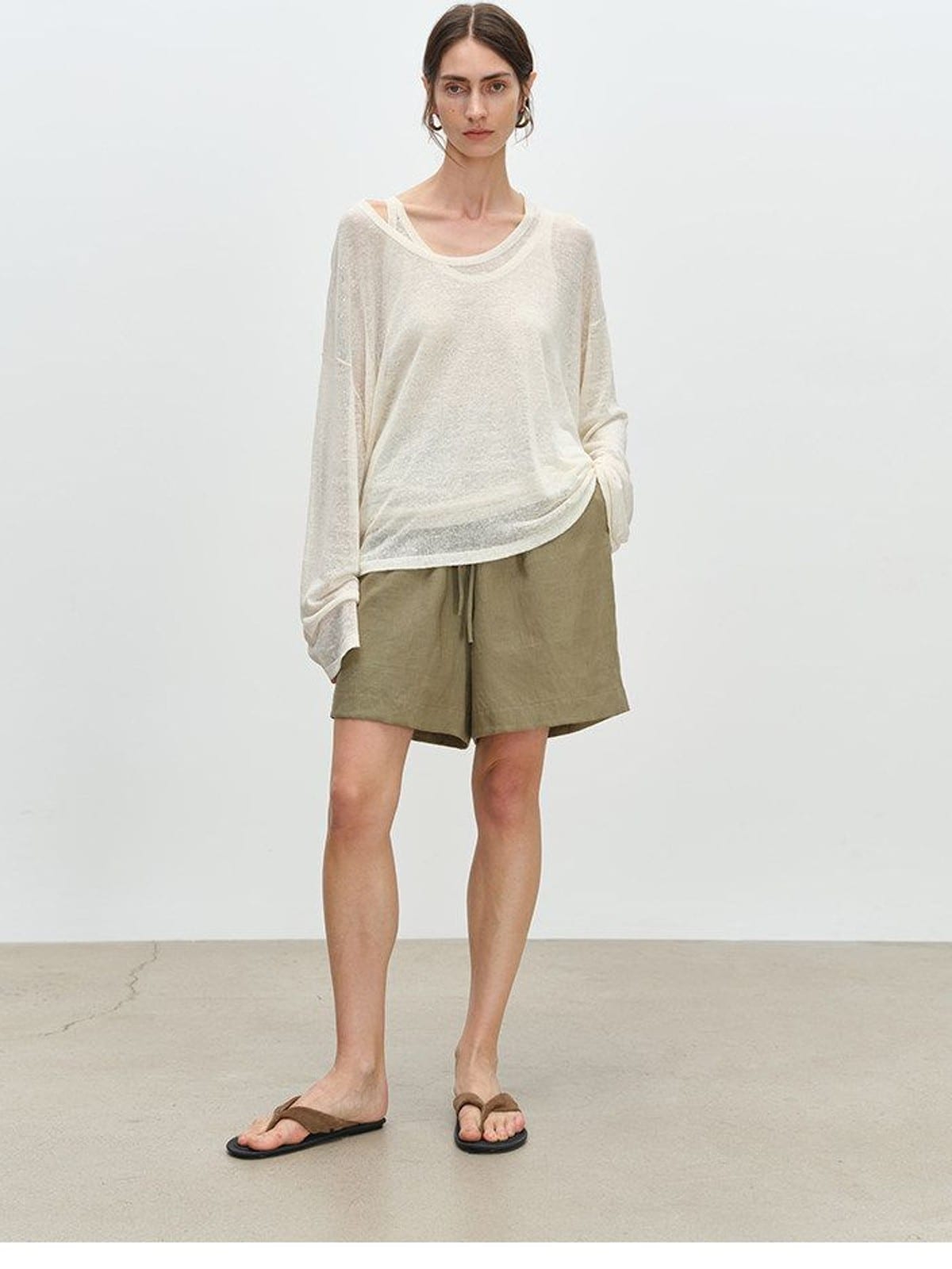 MSBEAST 100 Linen Knee Length Shorts in Olive - On Female Model