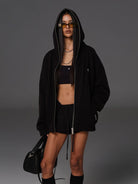 SMFK Oversized Cotton Wool Zip Up Hoodie in Black - On Female Model