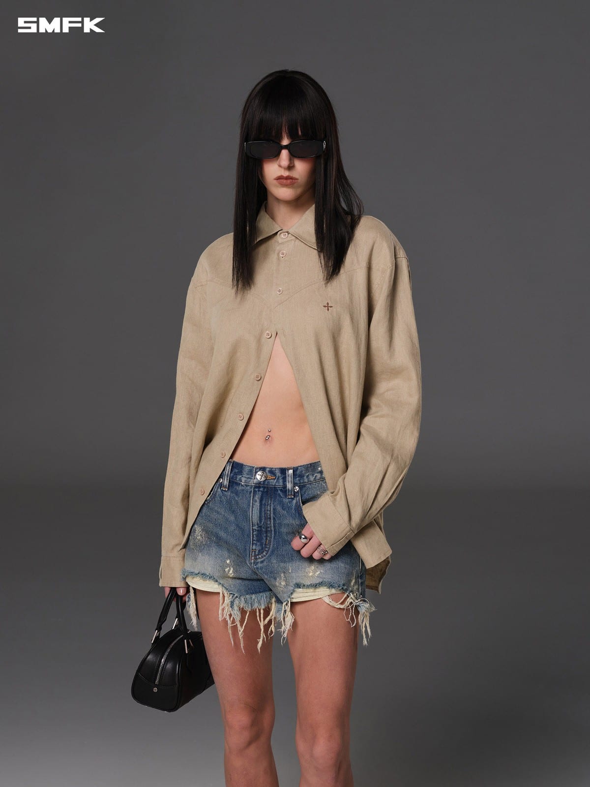 SMFK Long Sleeve Linen Button Down in Beige - On Female Model