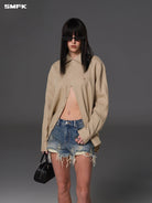 SMFK Long Sleeve Linen Button Down in Beige - On Female Model