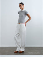 RARELY ALIKE Hourglass Cotton Crew Neck T Shirt in Gray - On Female Model