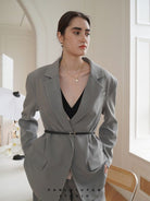 PANLULUPAN Thin Leather Belt with Matte Silver Buckle in Gray - On Female Model