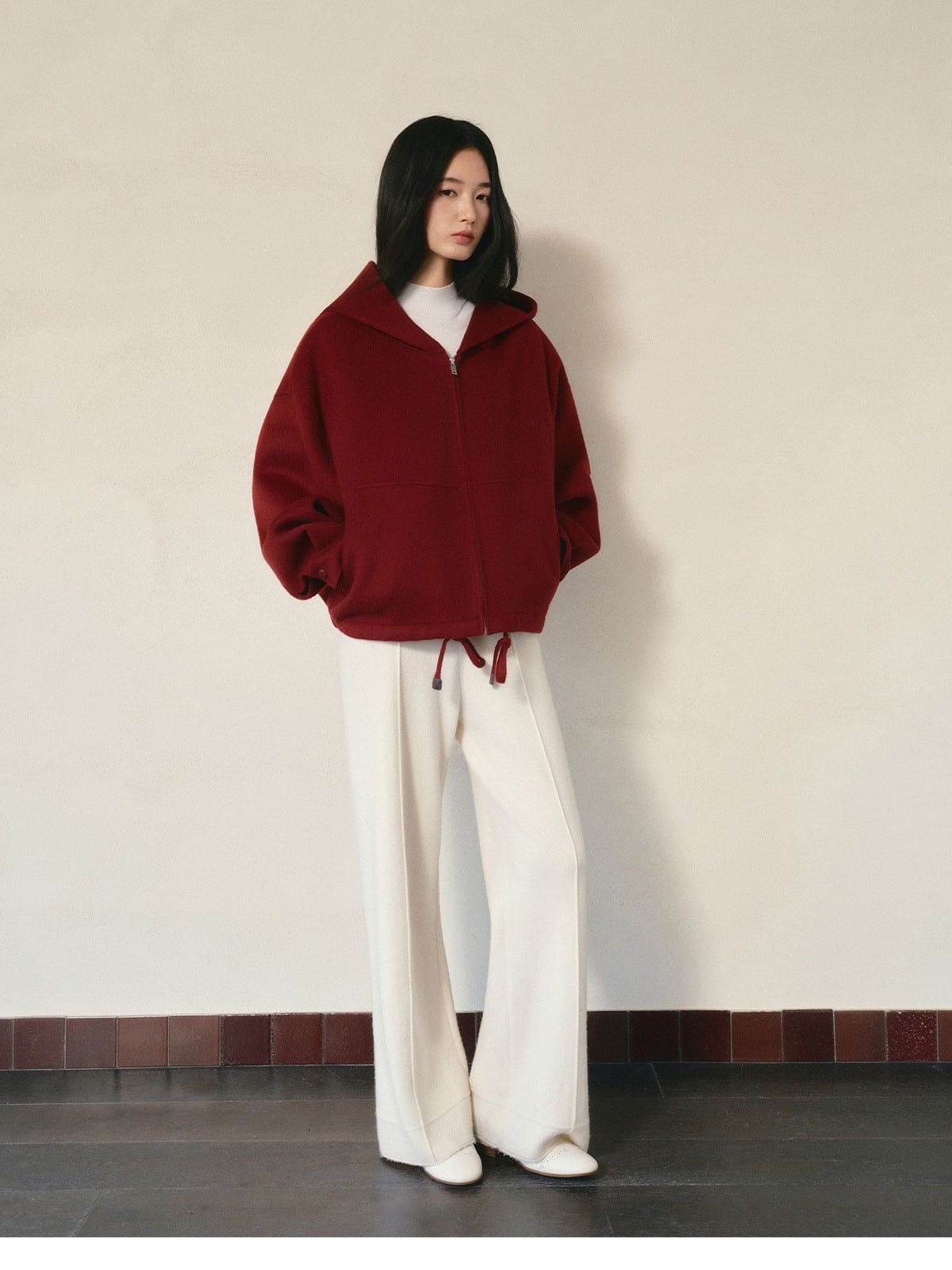 TEASEL Hooded Camel Wool Blend Jacket in Burgundy - On Female Model