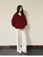 TEASEL Hooded Camel Wool Blend Jacket in Burgundy - On Female Model