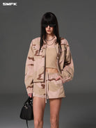 SMFK Camouflage Zip Up Cropped Jacket in Pink - On Female Model