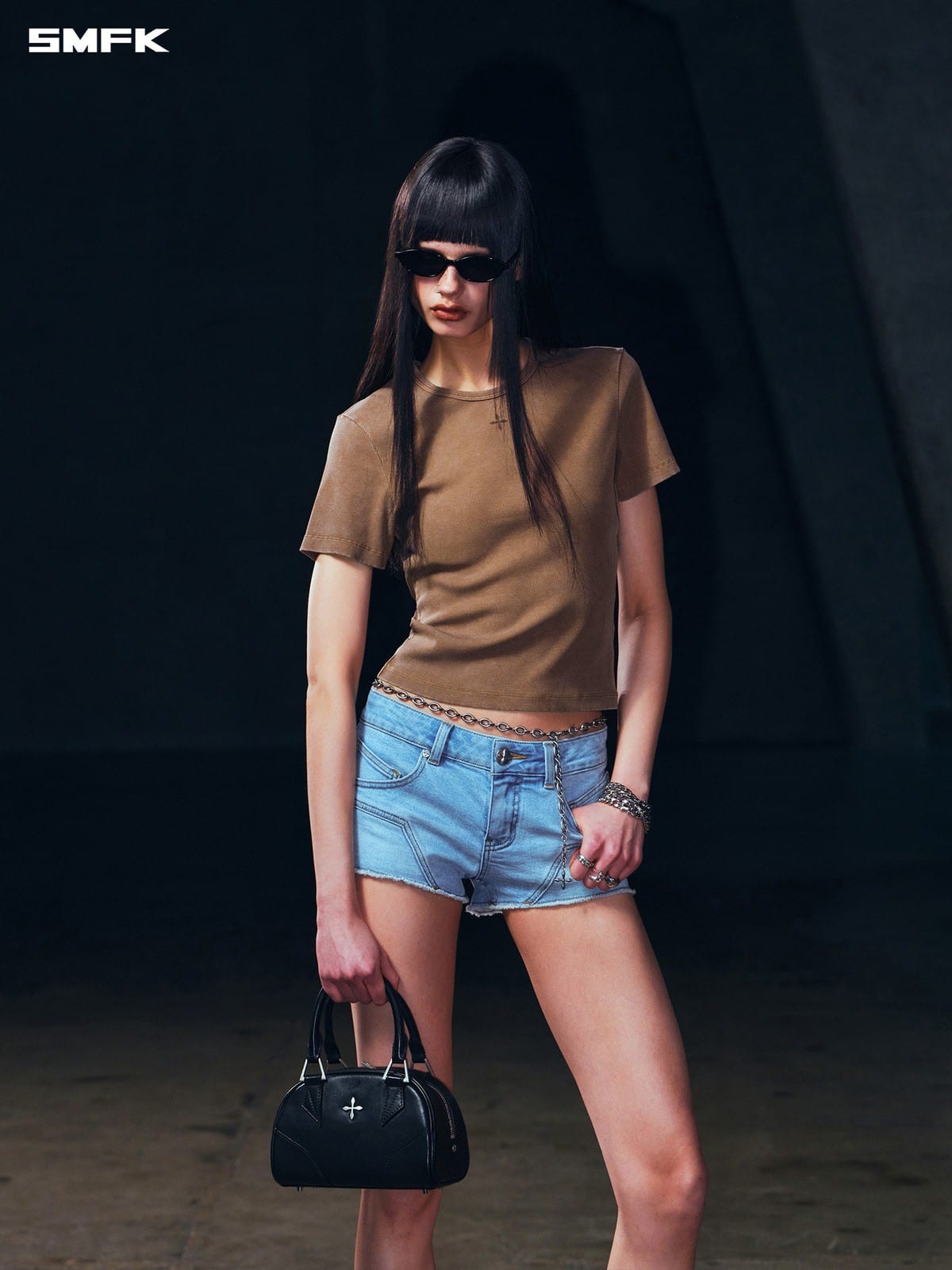 SMFK Silk Blend Short Sleeve Crop Top in Brown - On Female Model