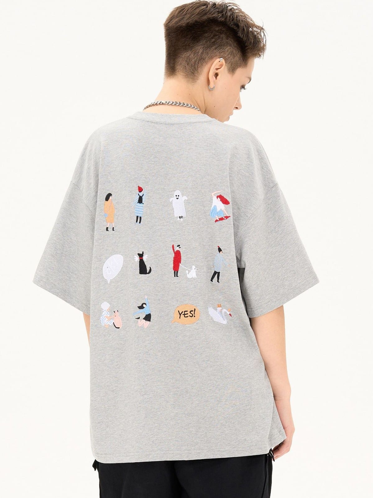 LOSTCTRL Cartoon Embroidery Cotton T Shirt in Gray - On Model