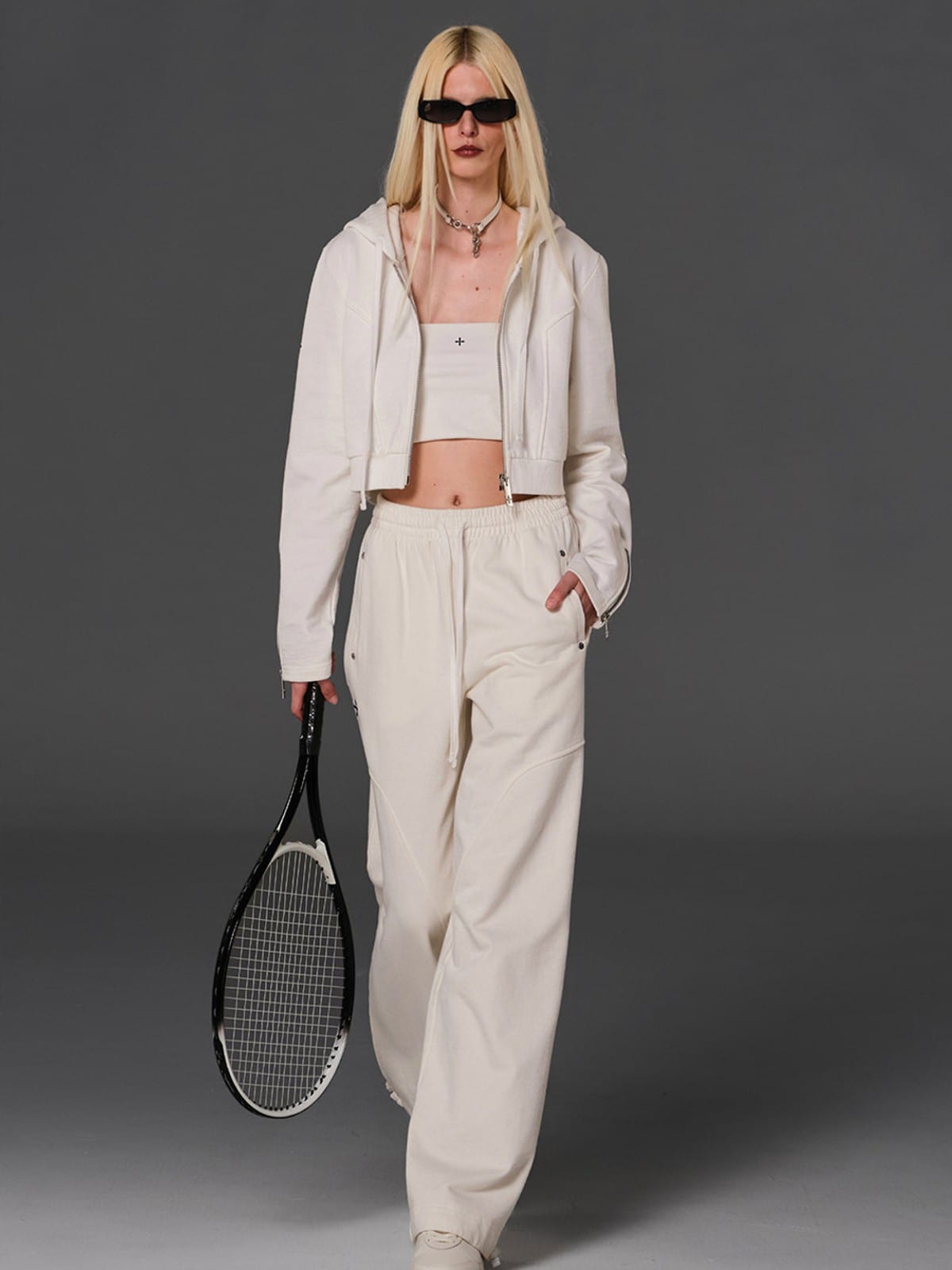 SMFK Cotton Wool Blend Cropped Zip Up Hoodie in White - On Female Model