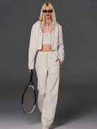 SMFK Cotton Wool Blend Cropped Zip Up Hoodie in White - On Female Model