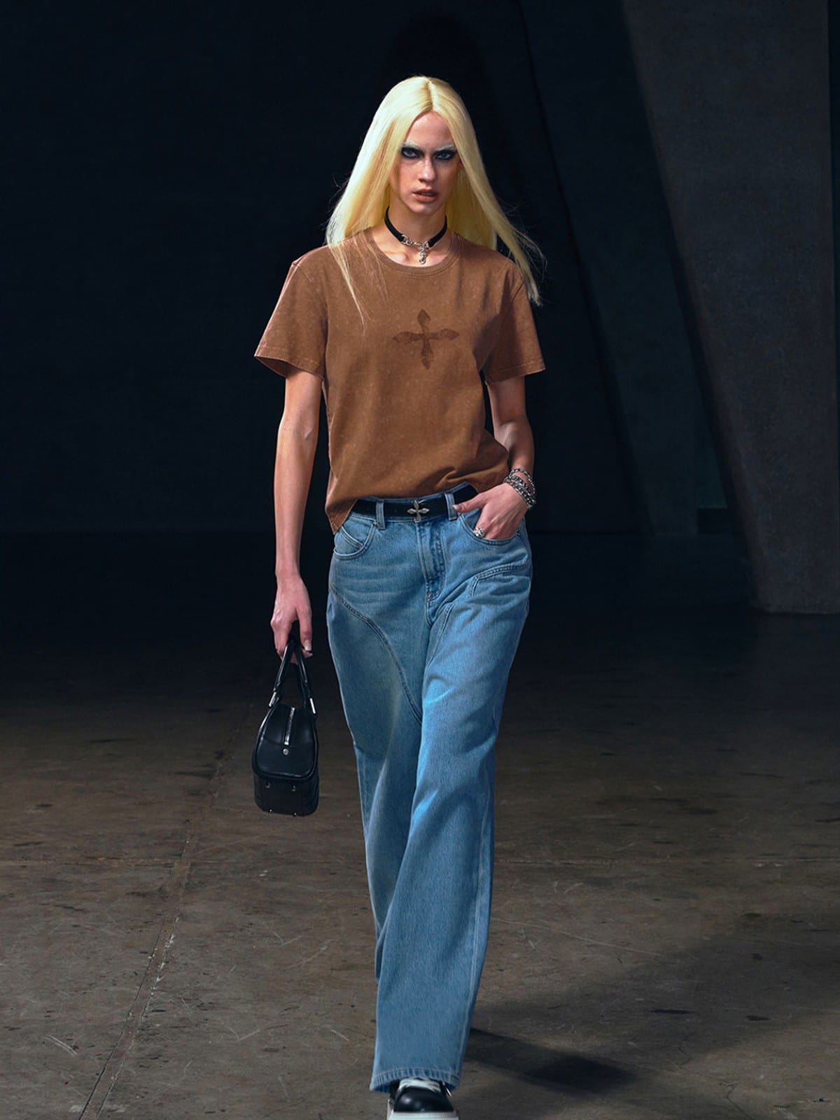 SMFK Vintage Wash Cross Graphic T Shirt in Brown - On Female Model