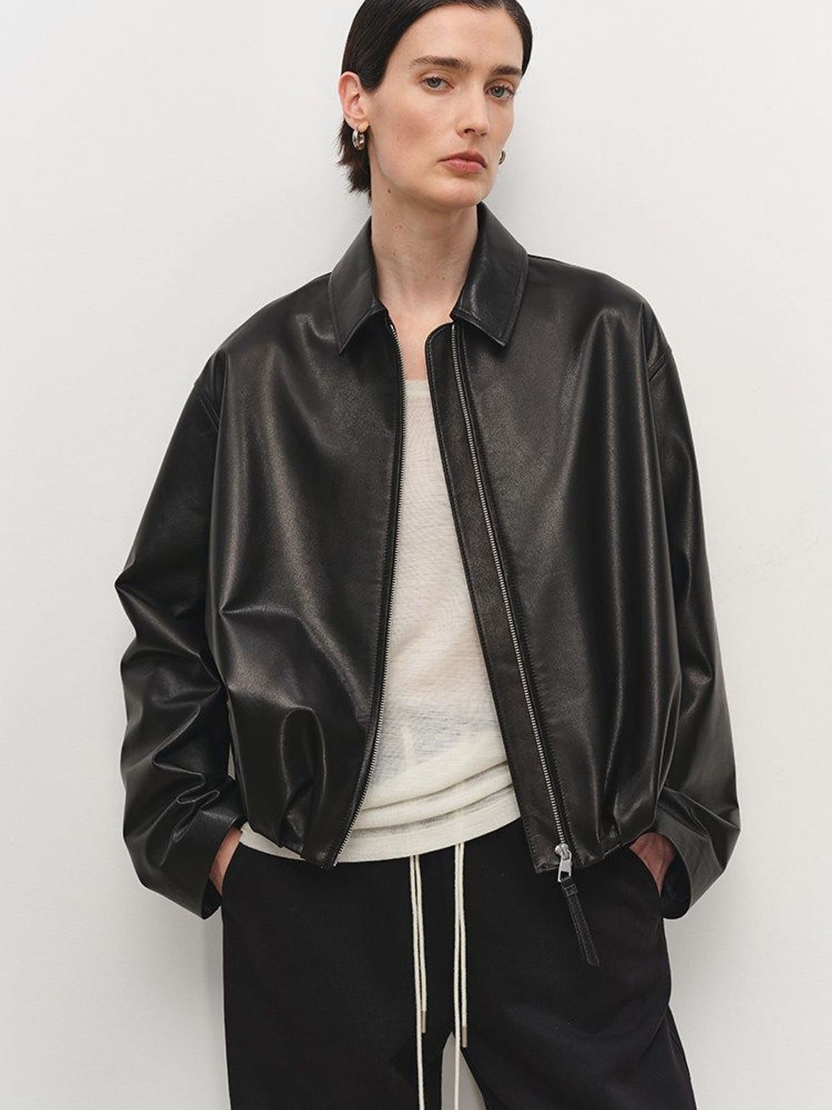 MSBEAST Gathered Hem Sheep Leather Jacket in Black - On Female Model