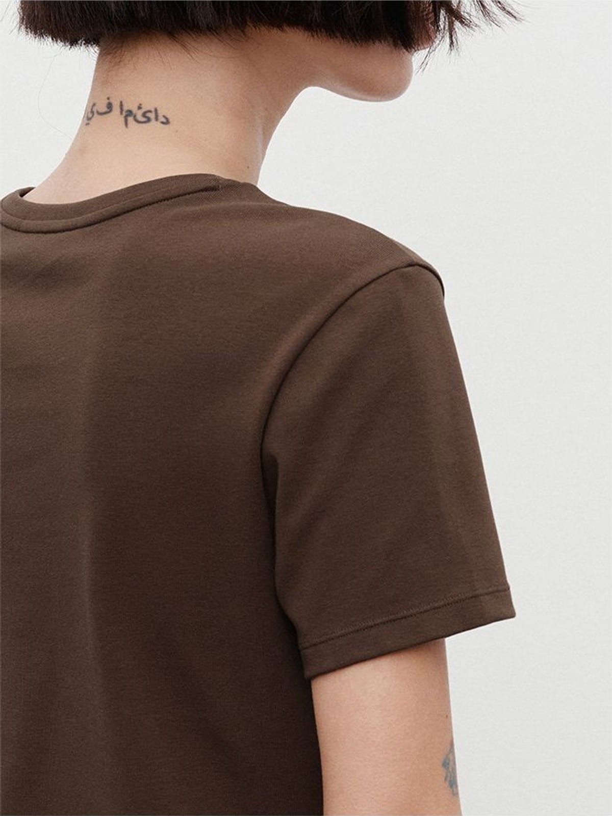 Random Piece Contrast Print Lace Trim T Shirt in Brown - On Female Model