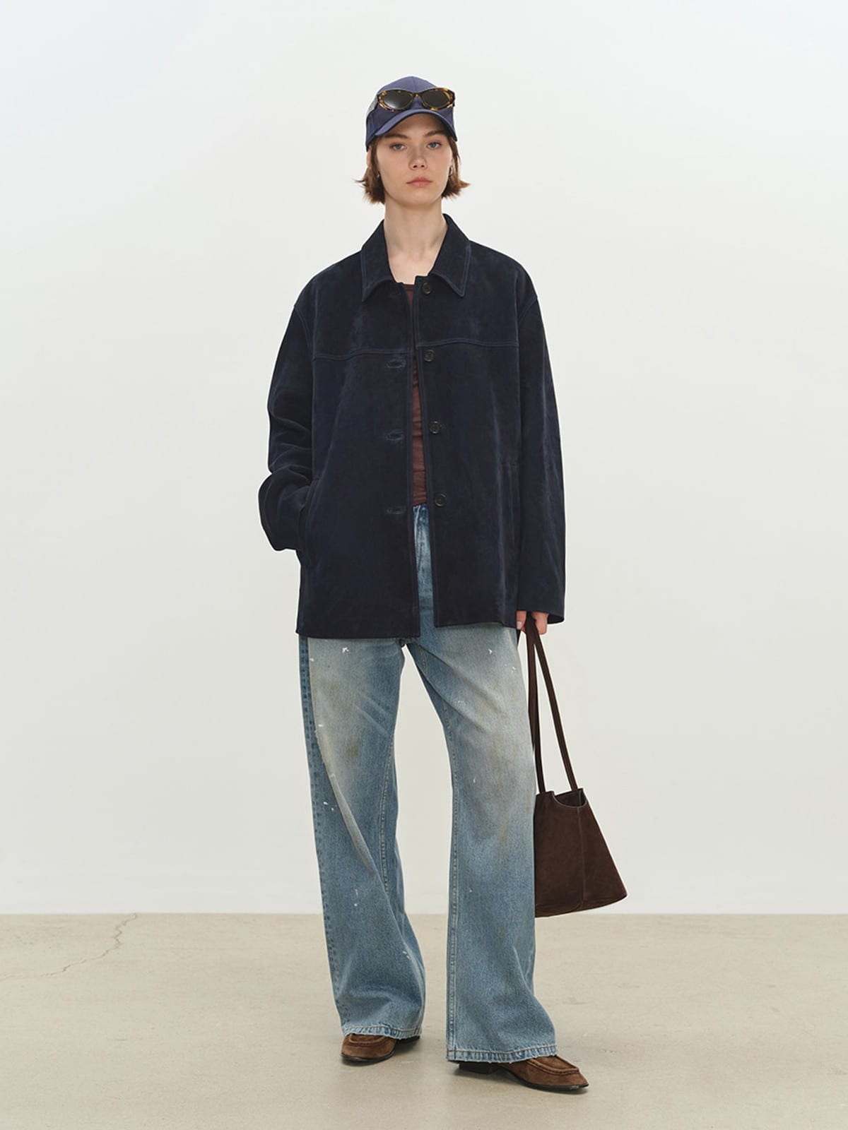 MSBEAST Oversized Lapel Sheepskin Jacket in Navy Blue - On Female Model