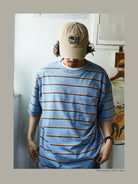 USAGE Retro Striped Cotton T Shirt in Blue - On Male Model