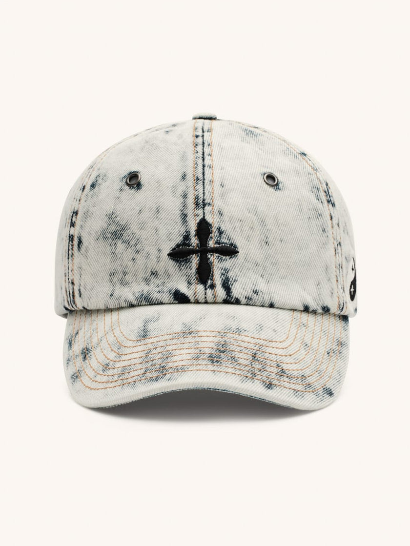 SMFK Distressed Cross Embroidered Baseball Cap in Sky Blue