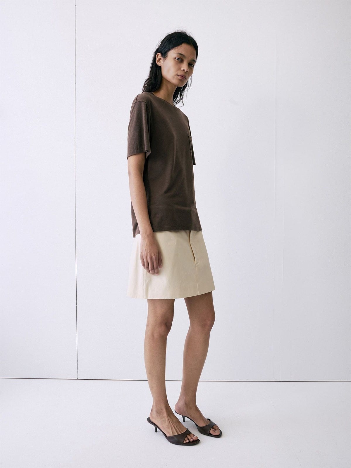 Random Piece Linen Blend Pocket T Shirt in Brown - On Female Model