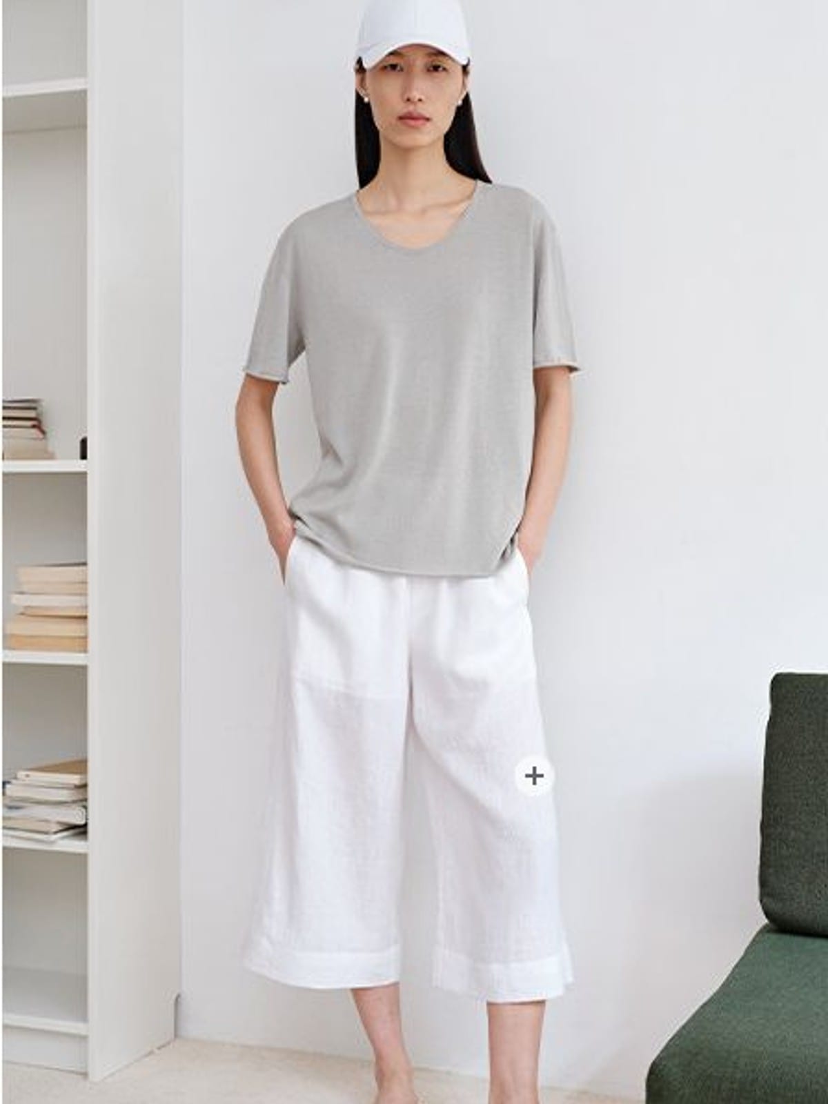 MSBEAST Rolled Edge Silk Cotton U Neck T Shirt in Gray - On Female Model